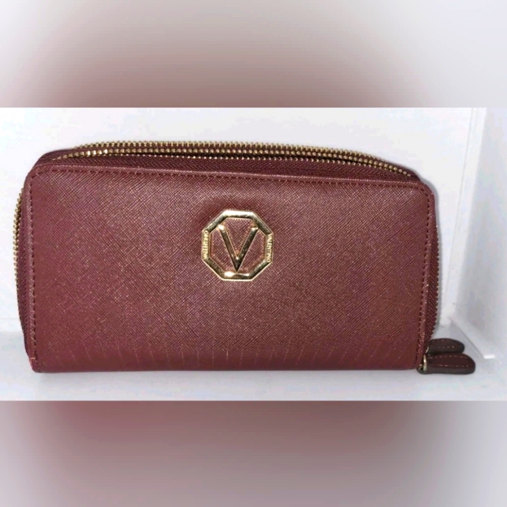 Valentino Saffian Leather Zip-Around Wallet, Dark Burgundy, Gold Hardware